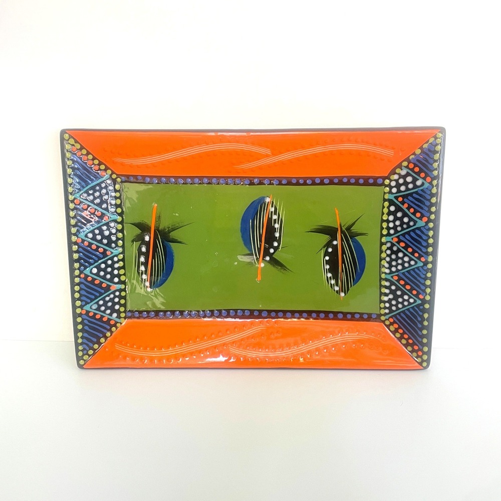 Hout Bay South Africa Hand Painted Ceramic Platter African Tribal Feather Tray